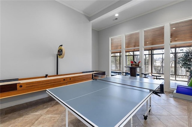 rec room with baseboards, visible vents, recessed lighting, crown molding, and tile patterned floors