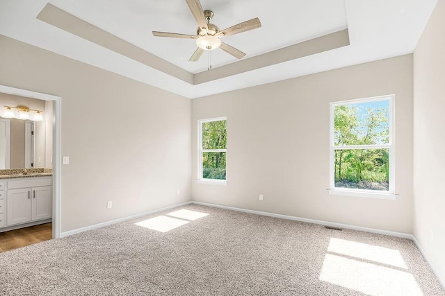 spare room featuring a raised ceiling, ceiling fan, and carpet floors