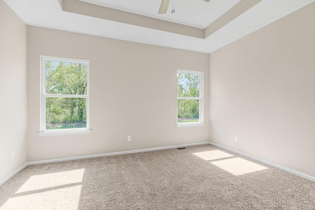 carpeted empty room with a tray ceiling, ceiling fan, and a healthy amount of sunlight