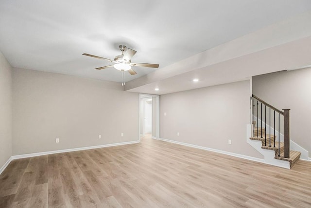 empty room with light hardwood / wood-style flooring and ceiling fan