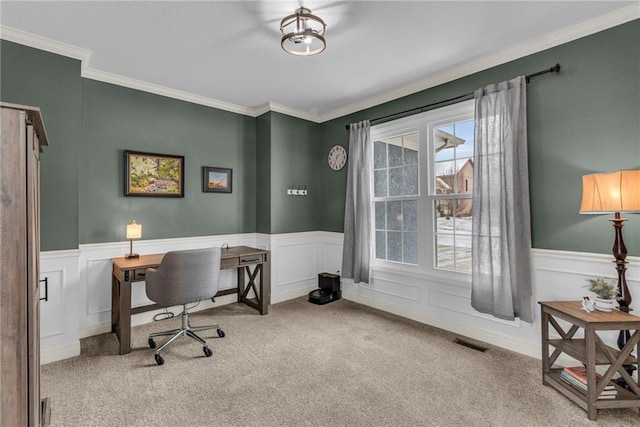 office space featuring carpet floors, wainscoting, and visible vents