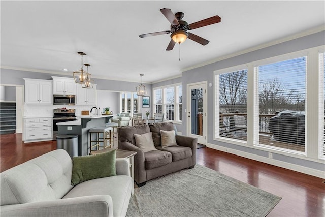 living area featuring dark wood-type flooring, crown molding, baseboards, and ceiling fan with notable chandelier