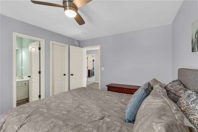 bedroom with ceiling fan, carpet floors, and ensuite bathroom