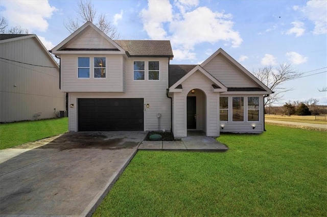 view of front of property with a garage, a shingled roof, a front lawn, and concrete driveway