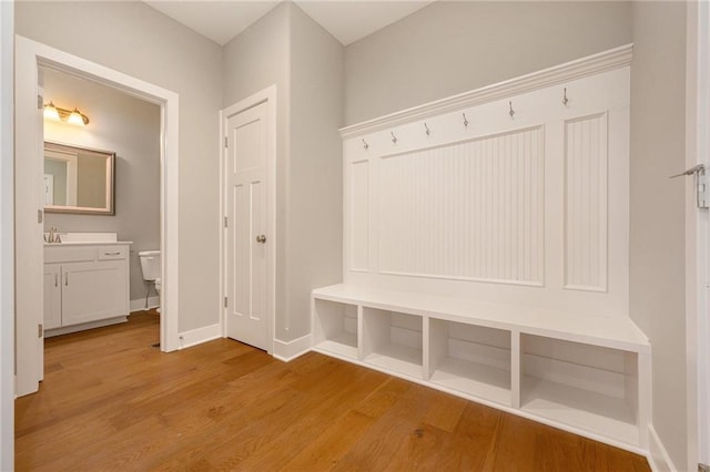 mudroom with light hardwood / wood-style flooring