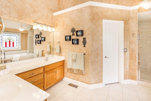 full bath featuring visible vents, baseboards, tile patterned floors, vanity, and a shower stall