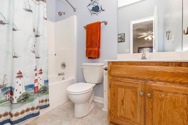 full bath with a ceiling fan, toilet, shower / tub combo with curtain, tile patterned floors, and vanity