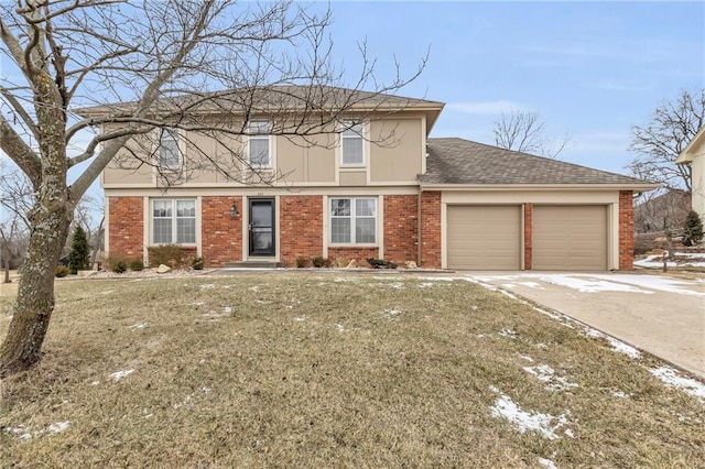 view of front facade featuring a garage, driveway, brick siding, roof with shingles, and a front yard