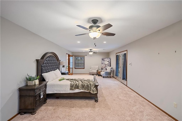 bedroom featuring baseboards, recessed lighting, a ceiling fan, and light colored carpet