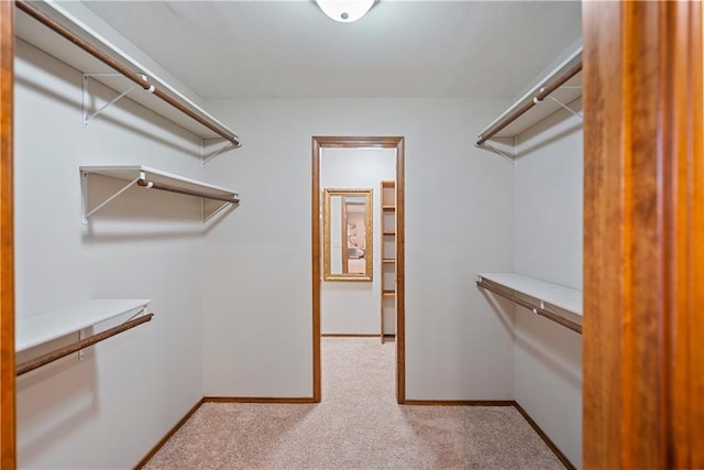 walk in closet featuring light carpet