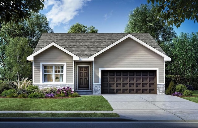 view of front of home with a garage, stone siding, driveway, roof with shingles, and a front yard