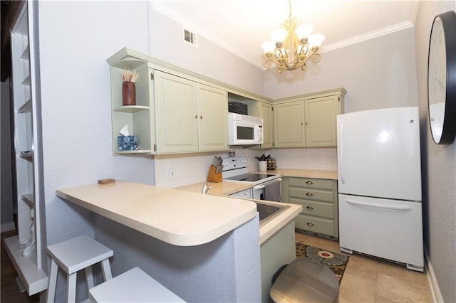 kitchen with a kitchen breakfast bar, white appliances, pendant lighting, crown molding, and kitchen peninsula