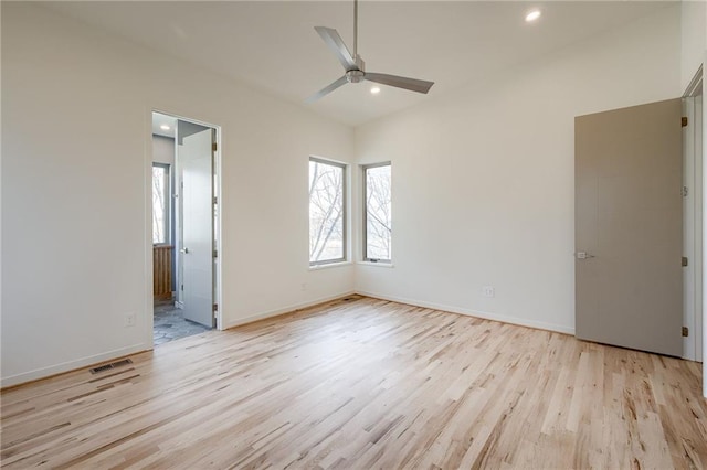 unfurnished room featuring light wood-style flooring, recessed lighting, baseboards, and ceiling fan