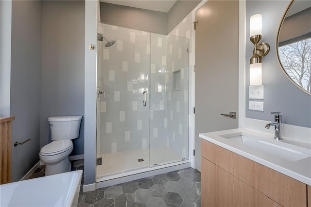 bathroom featuring toilet, a stall shower, and vanity