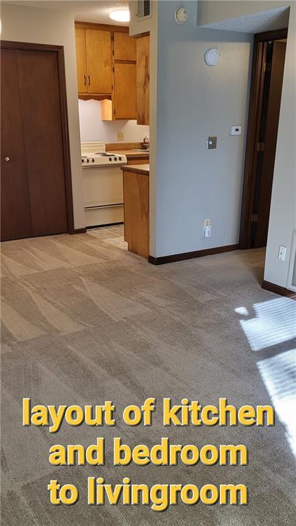 kitchen featuring light carpet and white range