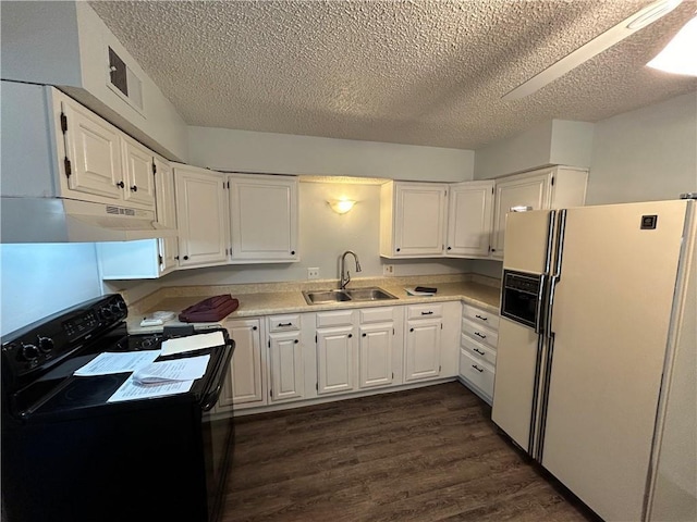 kitchen with dark hardwood / wood-style flooring, white refrigerator with ice dispenser, sink, white cabinets, and black range with electric cooktop