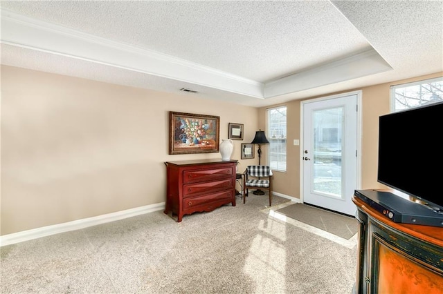 carpeted foyer featuring visible vents, a textured ceiling, a raised ceiling, and baseboards