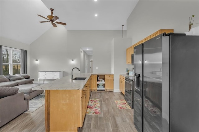 kitchen with high vaulted ceiling, a sink, open floor plan, appliances with stainless steel finishes, and light wood finished floors