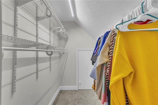 spacious closet with carpet floors and lofted ceiling