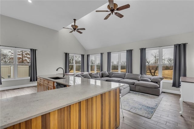 kitchen featuring a wealth of natural light, high vaulted ceiling, light wood finished floors, and a sink