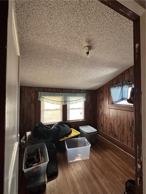 interior space featuring lofted ceiling, wood walls, a textured ceiling, and hardwood / wood-style floors