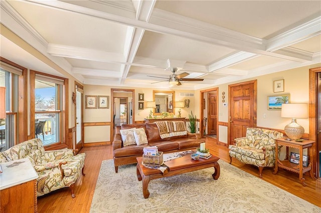 living area with beam ceiling, coffered ceiling, light wood finished floors, and wainscoting