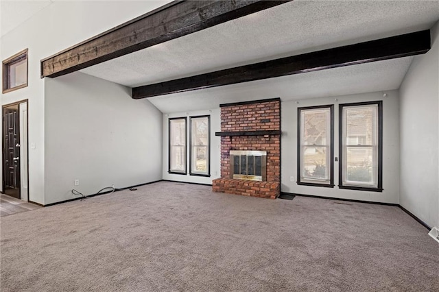 unfurnished living room with a fireplace, lofted ceiling with beams, light carpet, a textured ceiling, and baseboards