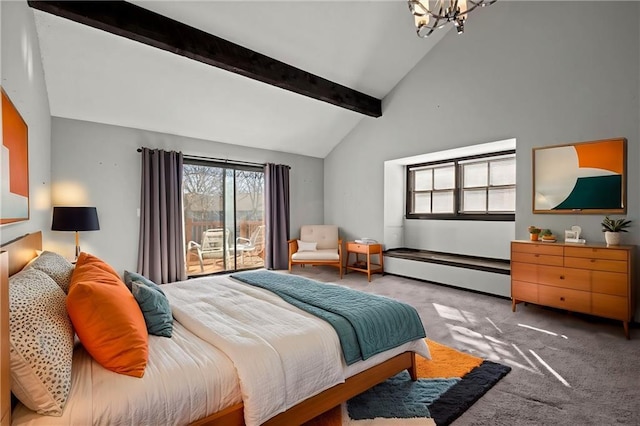 carpeted bedroom with high vaulted ceiling, a notable chandelier, beamed ceiling, and baseboard heating