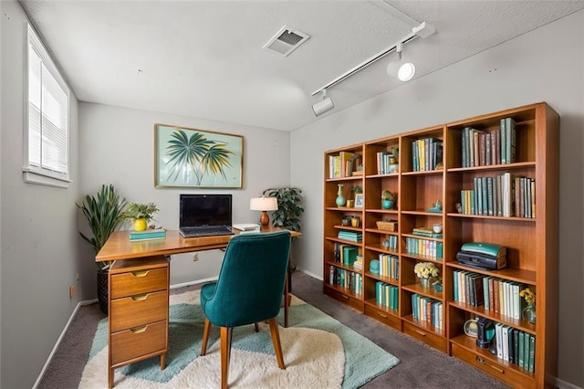 office space with baseboards, light carpet, visible vents, and track lighting