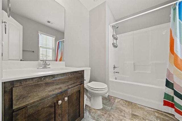 bathroom with shower / bath combination with curtain, visible vents, vanity, and toilet