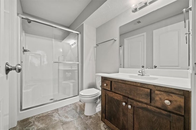 full bath with toilet, visible vents, a shower stall, and vanity