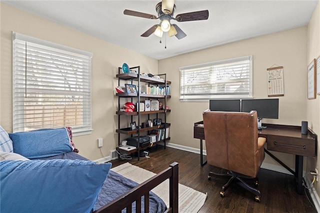 office area with ceiling fan, wood finished floors, and baseboards