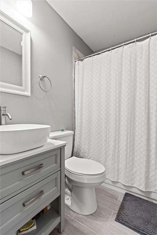 full bathroom with wood tiled floor, vanity, and toilet