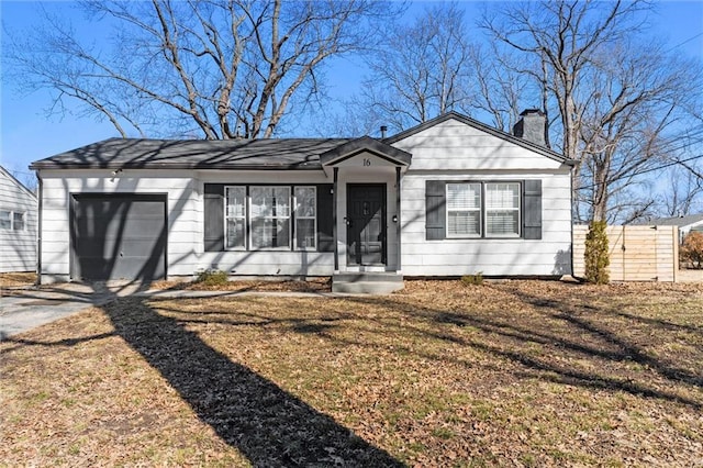 single story home featuring a garage, driveway, and a chimney