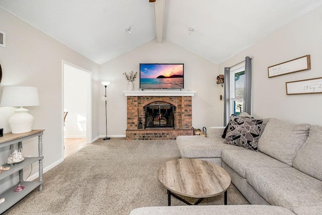 living area featuring carpet, a fireplace, visible vents, lofted ceiling with beams, and baseboards