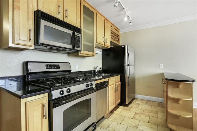 kitchen featuring baseboards, glass insert cabinets, appliances with stainless steel finishes, ornamental molding, and open shelves