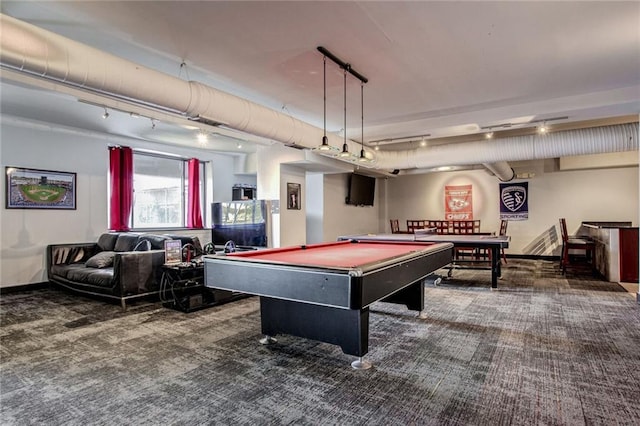 playroom featuring dark colored carpet, pool table, and rail lighting