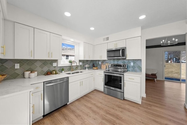 kitchen with a sink, visible vents, white cabinets, appliances with stainless steel finishes, and light wood finished floors