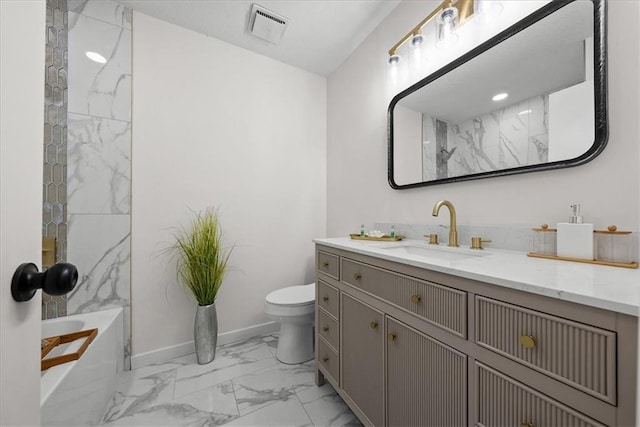 full bath featuring marble finish floor, visible vents, toilet, vanity, and baseboards