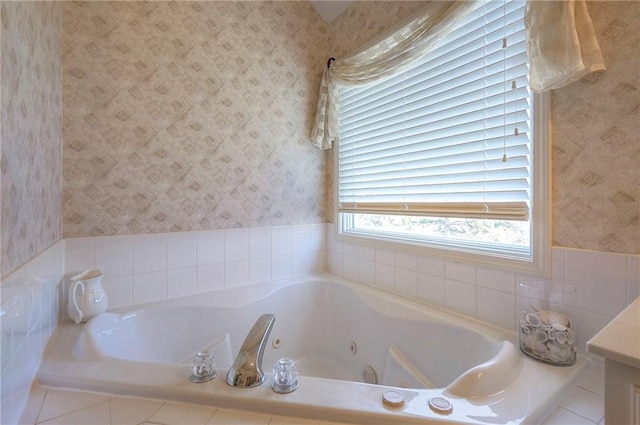 full bathroom with wallpapered walls and a whirlpool tub