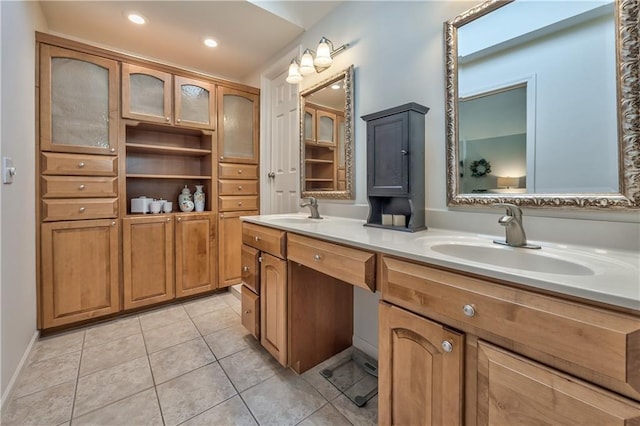 full bathroom featuring tile patterned flooring, a sink, recessed lighting, and double vanity