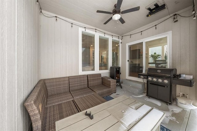 view of patio / terrace with outdoor lounge area, a grill, and ceiling fan