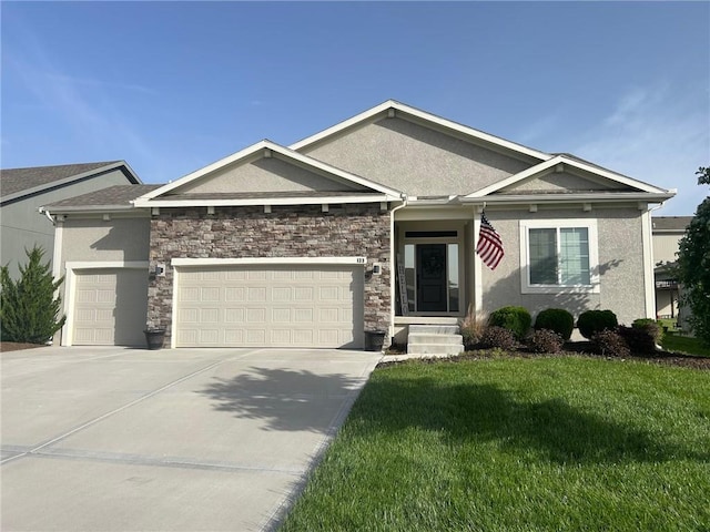 133 SE Griffin St, Blue Springs, MO 64064 - ranch-style house featuring an attached garage, stucco siding, concrete driveway, a front lawn, and stone siding