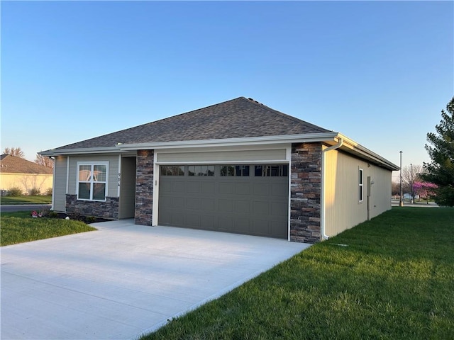view of front of house featuring driveway, a garage, a front yard, and stone siding
