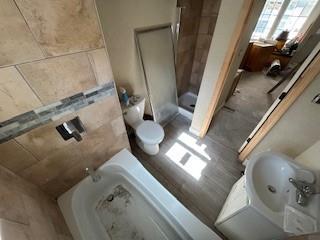 bathroom with a shower, a sink, and toilet