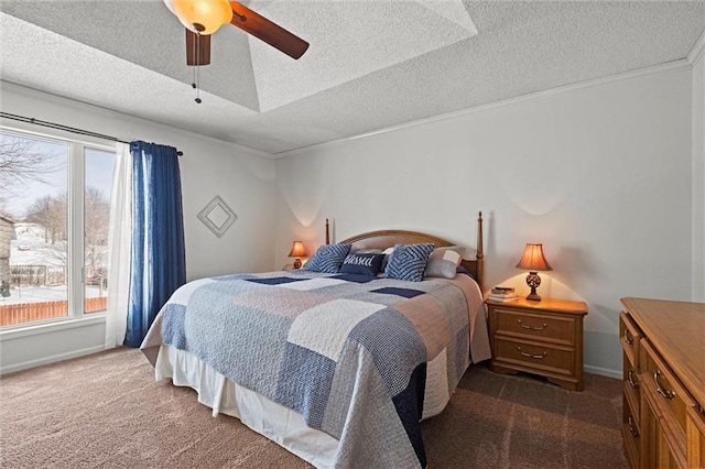 carpeted bedroom with ornamental molding, ceiling fan, a textured ceiling, and baseboards