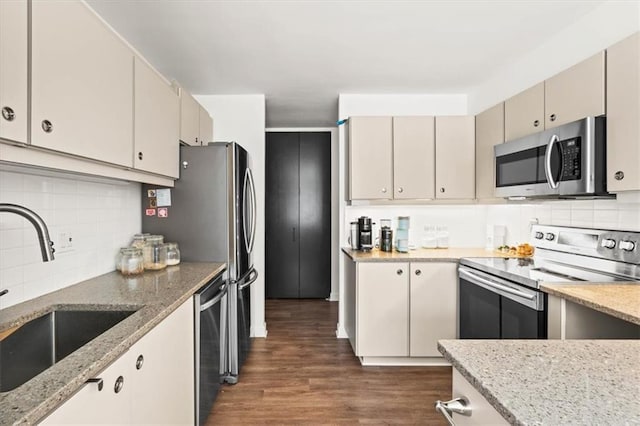 kitchen with a sink, dark wood finished floors, tasteful backsplash, and stainless steel appliances