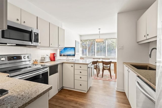 kitchen featuring wood finished floors, a peninsula, a sink, appliances with stainless steel finishes, and tasteful backsplash