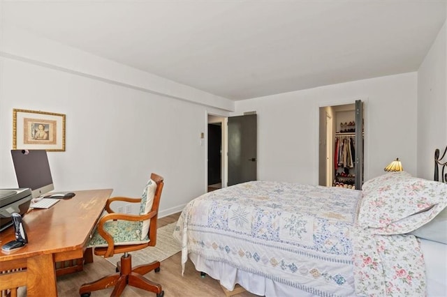 bedroom featuring light wood finished floors, a spacious closet, and a closet