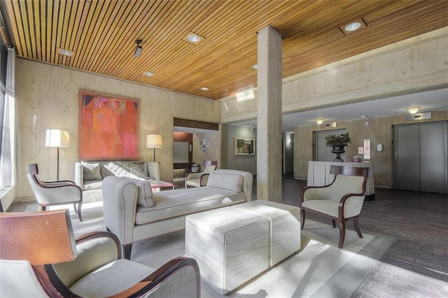 living area featuring brick floor, elevator, wood ceiling, and wood walls